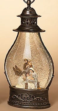 Lighted Water Lantern Snow Globe - Holy Family/Kneeling Angel