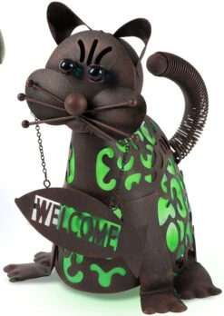 Solar Garden Statue - Cat With Green Welcome Solar Light - 14in