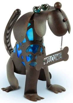 Solar Garden Statue - Dog With Blue Welcome Solar Light - 14in